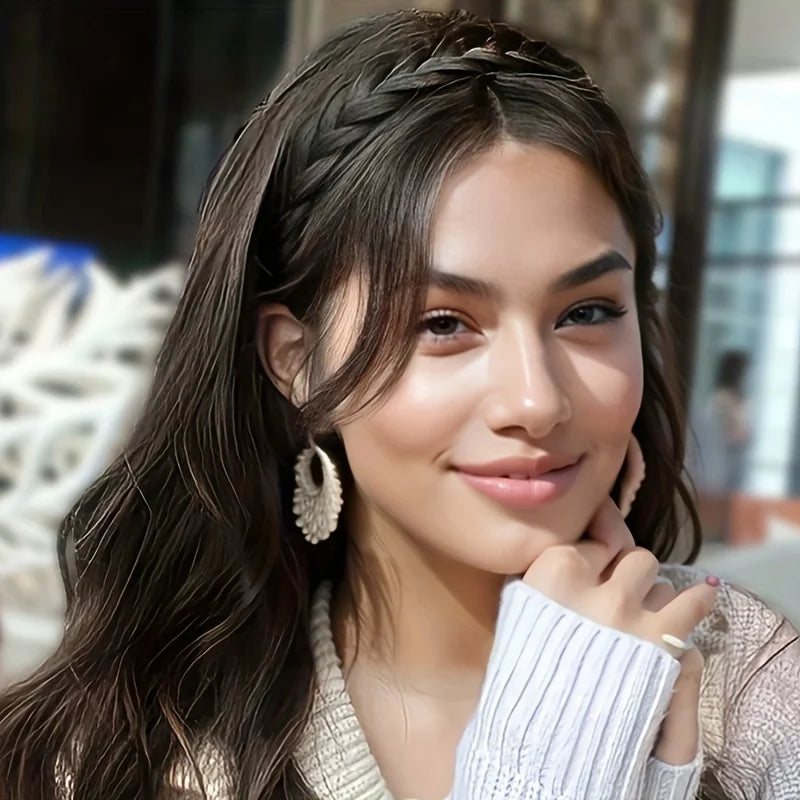 Elegant Bohemian Braided Wig Headband for Women - Non-Slip Teeth Design, Vintage/Boho Style, Plastic Hair