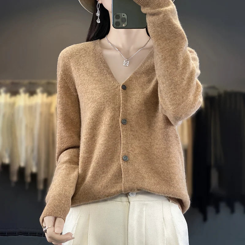 100 Merino Wool Knitted V-neck Sweater Women's Top Loose Korean Version Fashionable Versatile Autumn And Winter Cashmere Sweater