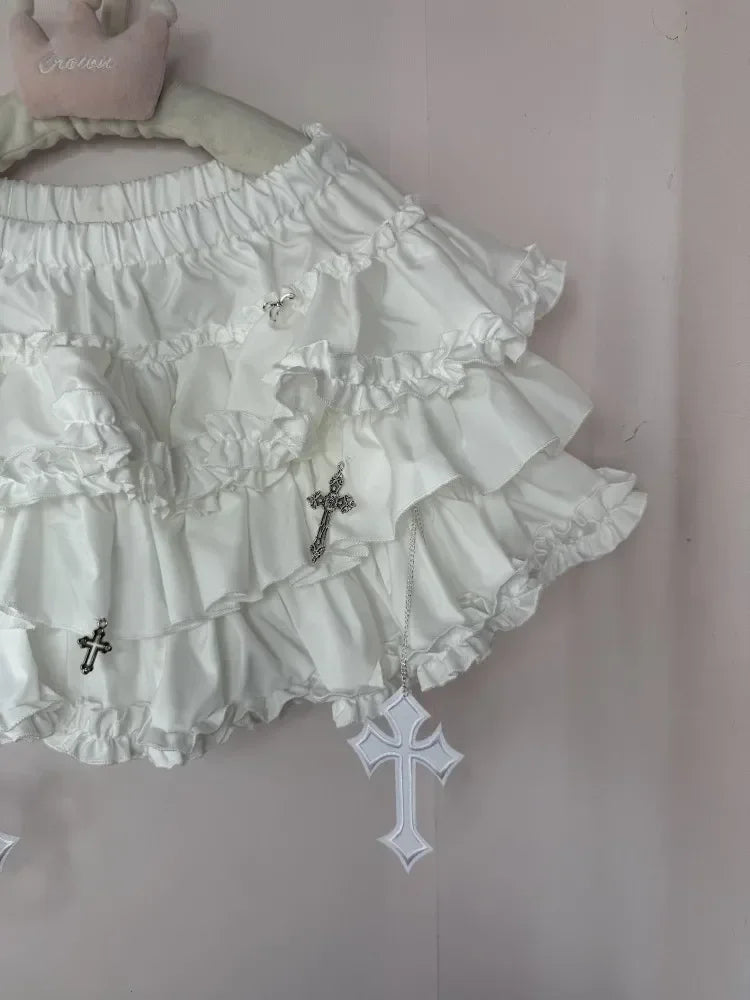 Emo Women Y2K Japanese Goth Elastic Waist Cross Mini Short Skirt High Waist Aesthetic Acubi Ruffle Skirts A-line 2000s Clothes