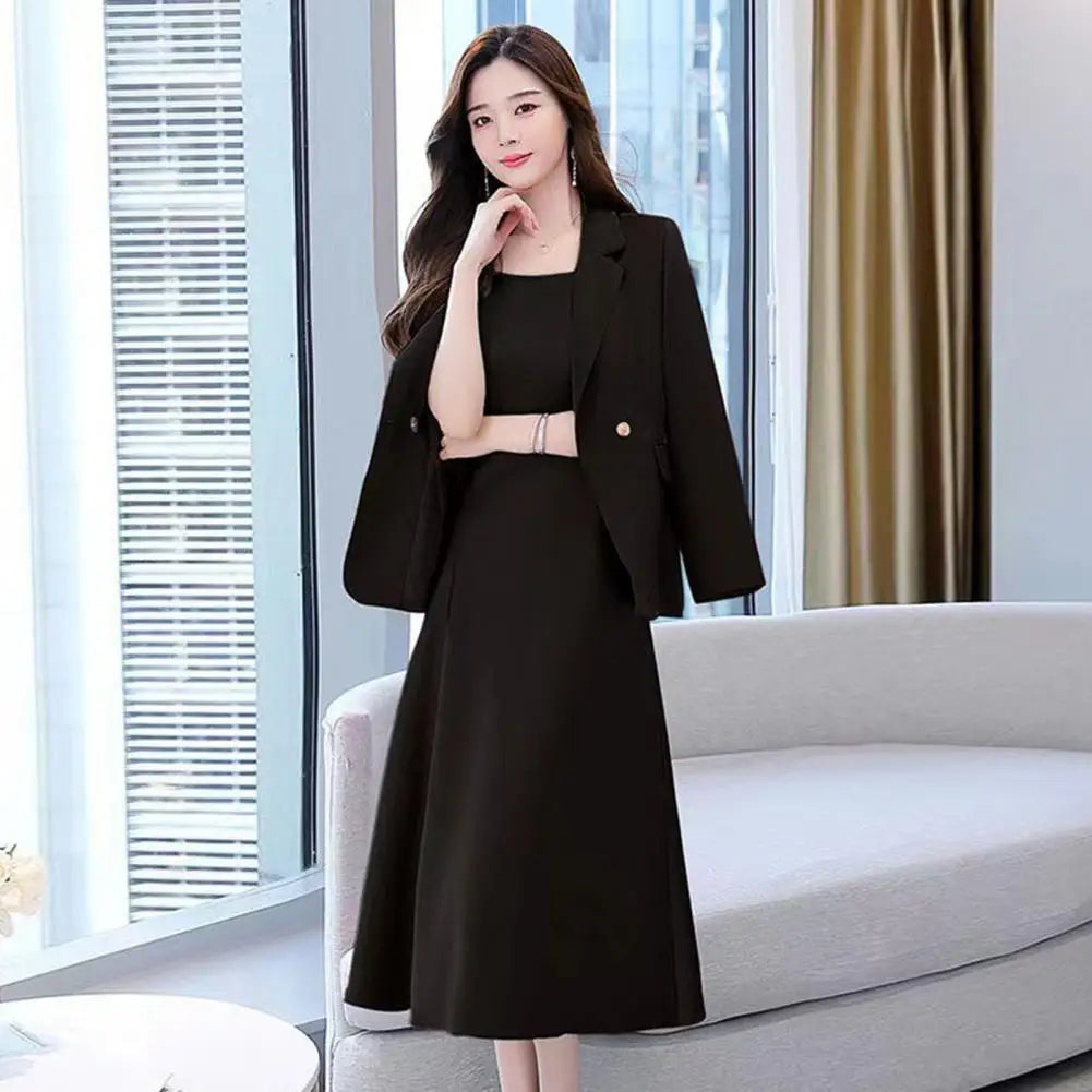 2Pcs/Set Summer Women Suit Dress Outfit  Solid Color Mid-length Lady Dress Sets Light Luxury Commute Sling Dress Coat Set