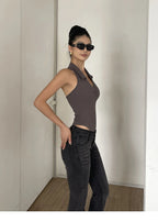 American Style Spicy Girl Sleeveless Polo Neck Solid Bodysuits Women's 2024 Summer New Sexy Backless High Waisted Slim Top Q29N