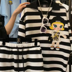 Casual Sports Striped Oversized Women's Clothing Summer Loose Turn-down Collar Pullovers Short Sets Elastic Waist Wide Leg Pants