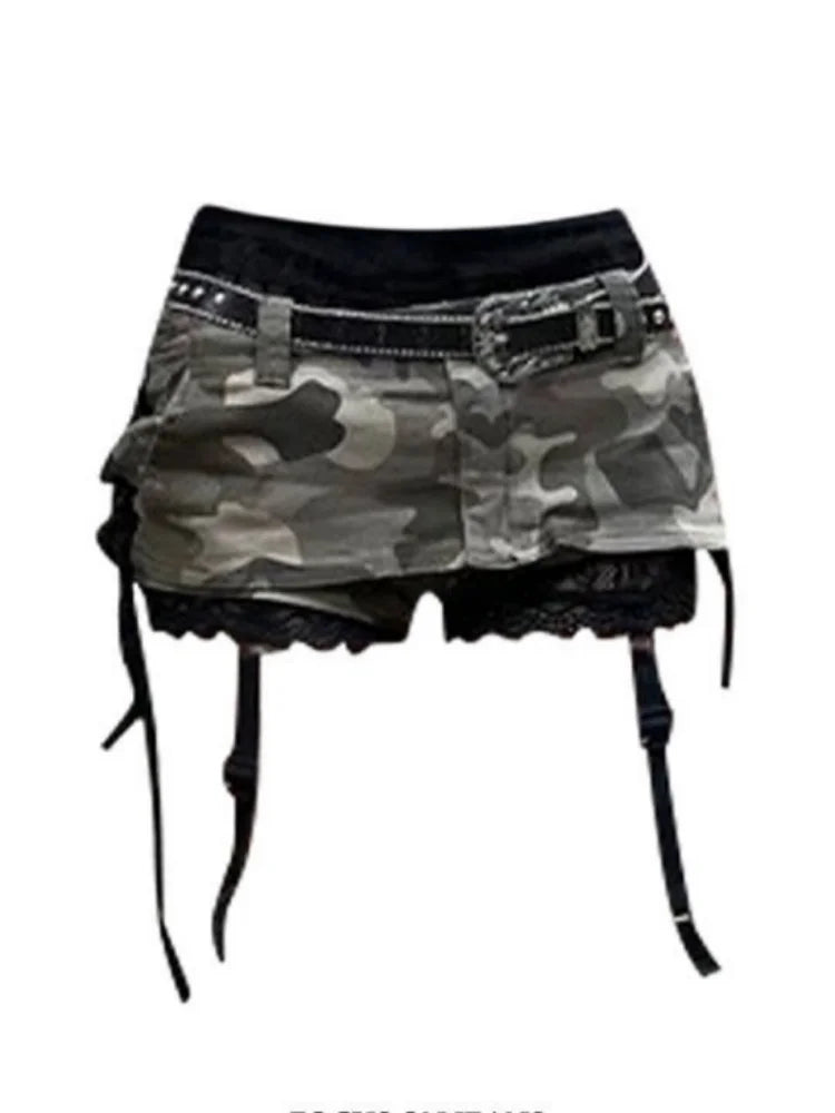 Euphoria American Y2k Mini Skirt With Lace Women Gothic Punk Camouflage Denim Skirt Streetwear Summer Harajuku Retro Spicy Y2k