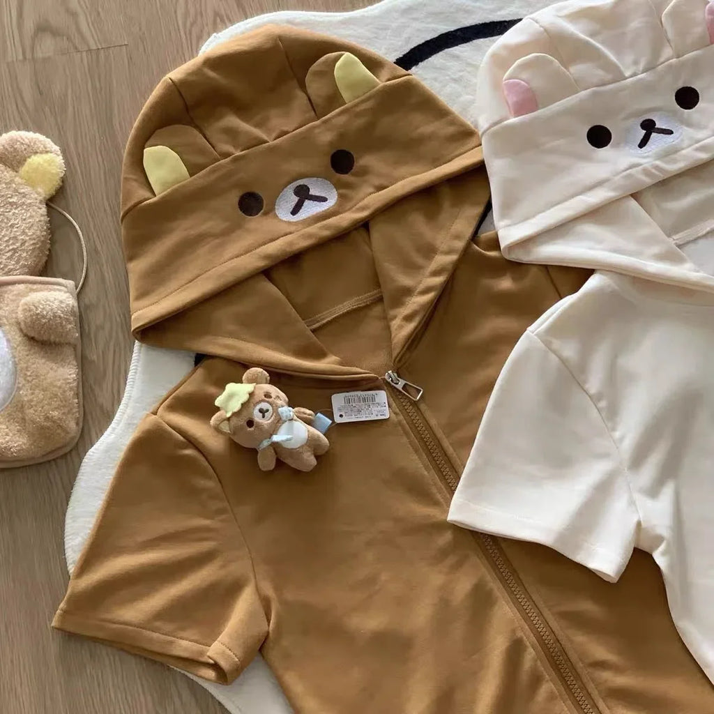 Cute Cartoon Hoodie Rilakkumaed Zip-up Hoodie Teddy Bear Ears Long Sleeve Jacket Fashion Women's Casual Cardigan Cotton Clothing