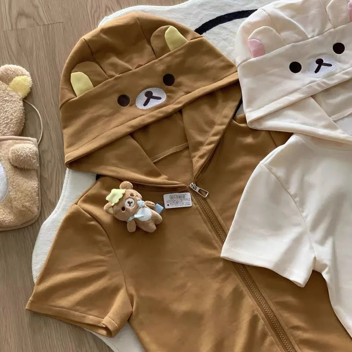 Cute Cartoon Hoodie Rilakkumaed Zip-up Hoodie Teddy Bear Ears Long Sleeve Jacket Fashion Women's Casual Cardigan Cotton Clothing