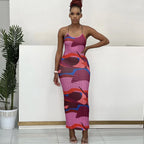 Color Printed Spaghetti Strap Maxi Dresses For Women Sexy V-neck Slim Backless Folds Dress Fashion Evening Party Elegant Vestido