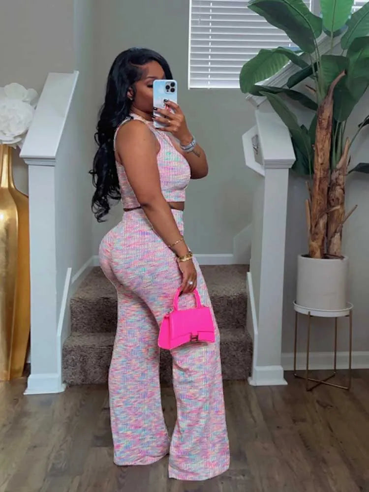 2 Piece Sets Womens Outfits Elegant Stretchy Knitted Summer Suit Sexy Sleeveless Top and Pant Suit Wholesale Dropshipping