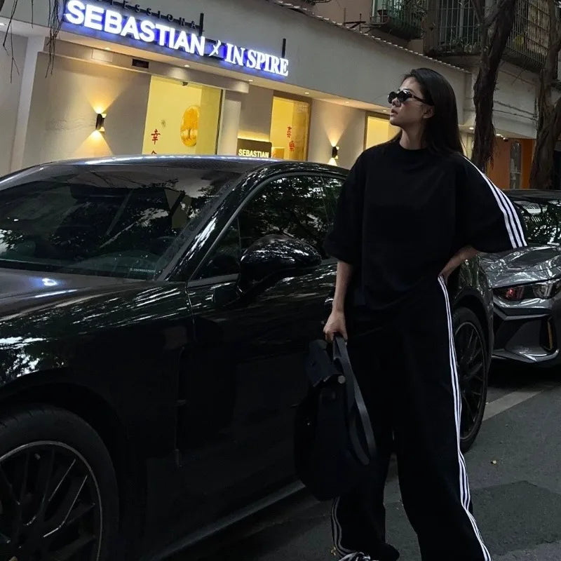 American Street-bombing Leisure Sportswear Suit Female Summer Student Loose Versatile Short-sleeved Trousers Two-piece Suit Tide