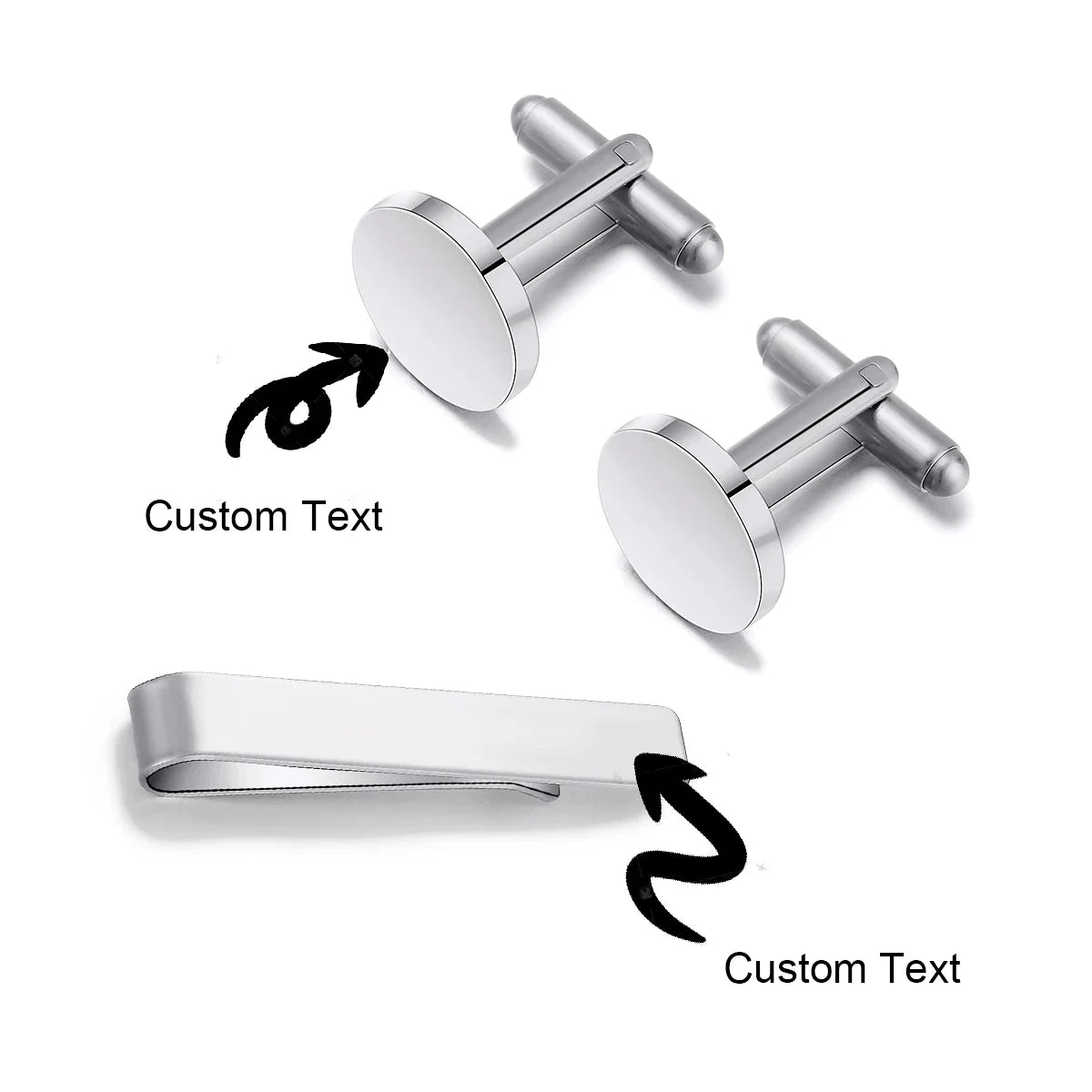 Custom Engraved Round Cufflinks & Tie Clip Set Stainless Steel Anniversary Wedding Birthday Groomsmen Gift for Father Husband