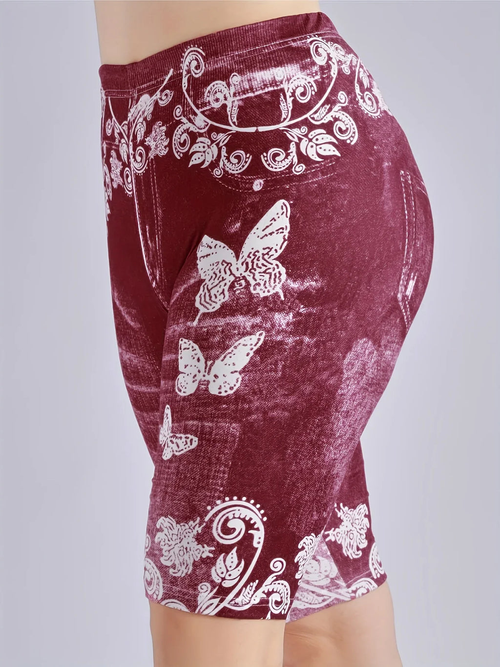 3 Piece Set Of Lmitation Denim Leggings For Women Butterfly Waist Fruit Flower Elastic Shorts High Waist Casual