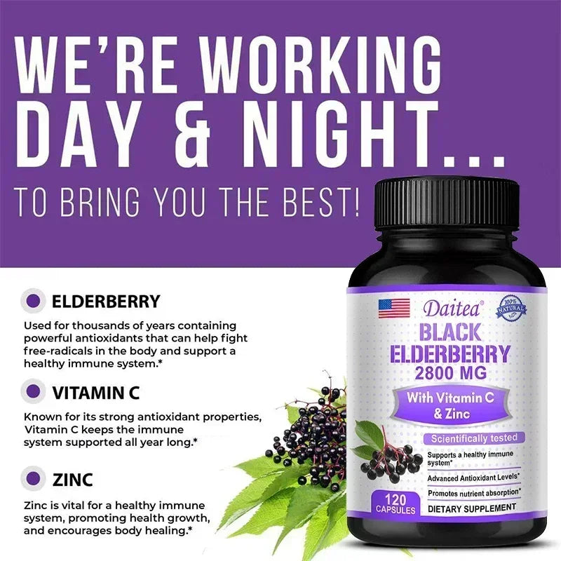 Black Elderberry 2800 Mg - with Vitamin C and Zinc, Immune System Support, Antioxidant Supplement, Skin Health Benefits