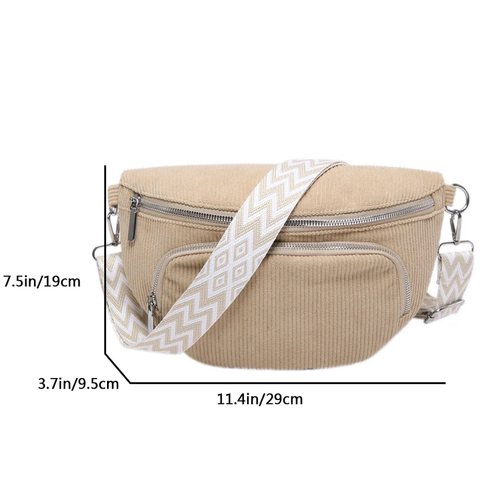 Corduroy Chest Bag Fashion Fanny Pack Wide Guitar Strap Casual Waist Bag Multi-pockets Hobo Sling Bag Outdoor Travel Bag