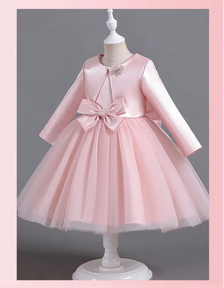 ELBCOS 4-14Y Girls Tie Crew Neck Long Sleeves Solid Color Fold Skirt Cardigan Coat Waist Bow Costumes Princess Party Dress Suit