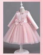 ELBCOS 4-14Y Girls Tie Crew Neck Long Sleeves Solid Color Fold Skirt Cardigan Coat Waist Bow Costumes Princess Party Dress Suit