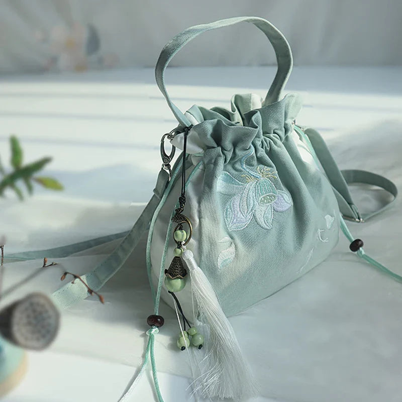 Chinese Style Women's Drawstring Bag Vintage Flower Embroidery Hanfu Handbag Street Fashion Girls Bucket Shape Shoulder Bag