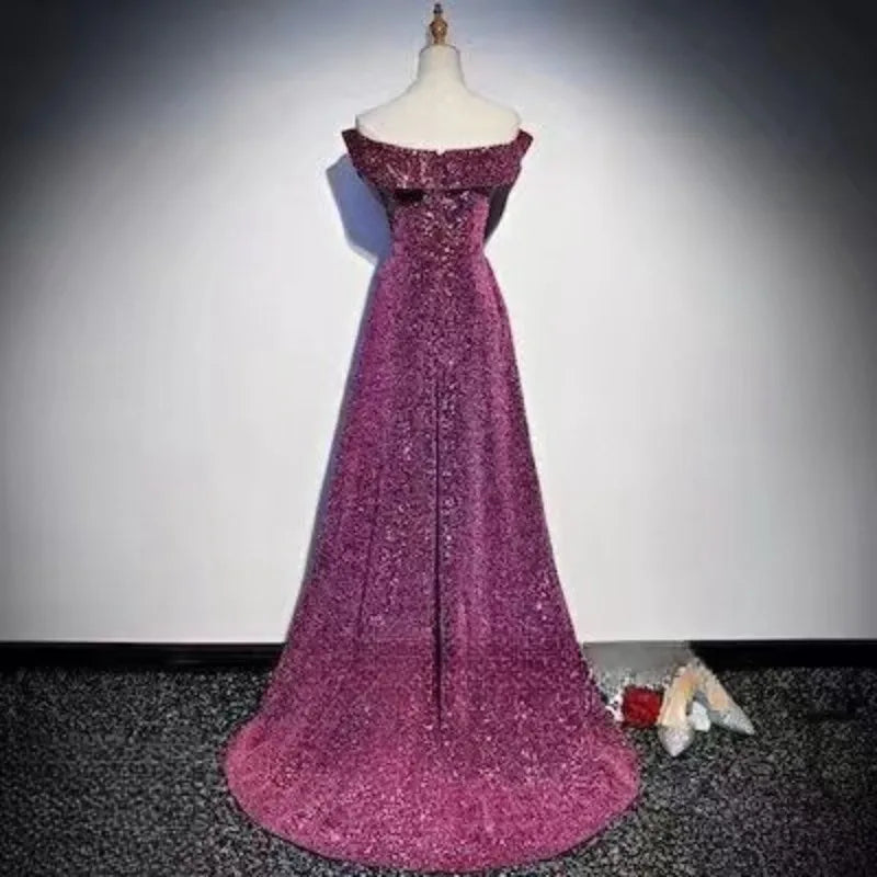 2025 New Women's Sparkling Purple Skirt One Shoulder Small Tail Evening Dress Fashionable Slimming Banquet Host Dress