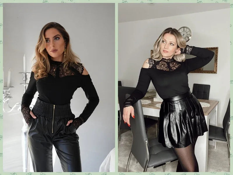 Contrast Lace Long Sleeve Cold Shoulder Bodysuit Women Top Romper Solid Color Fashion Sexy Slim Skinny Bodysuits