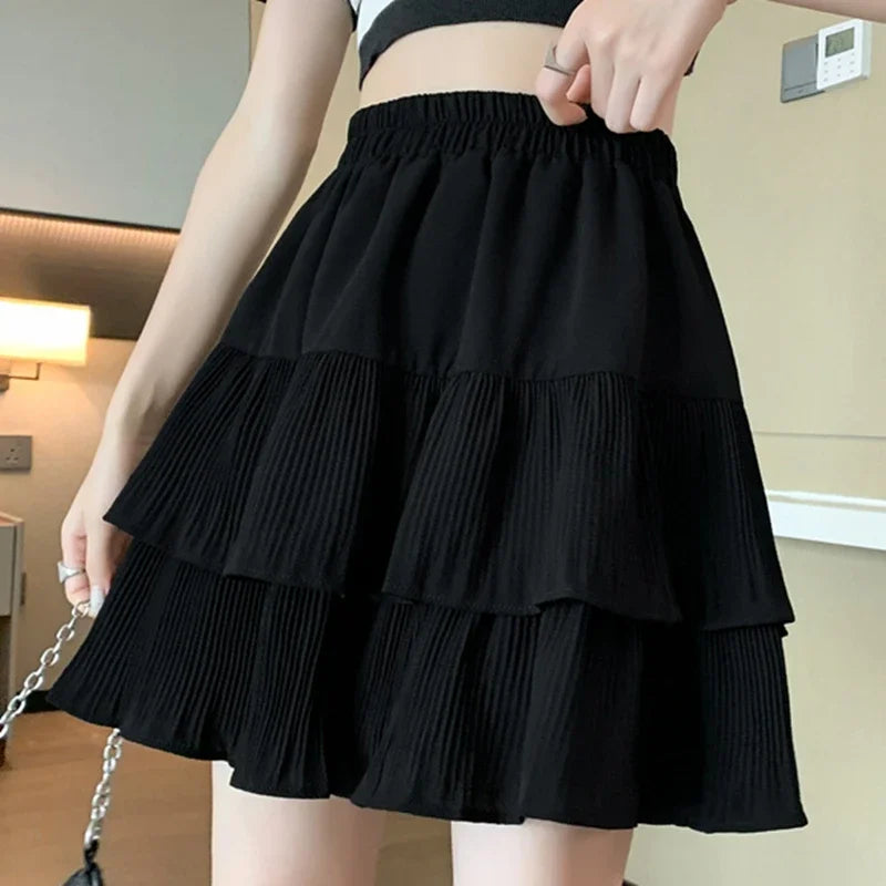 Casual Summer Ball Gown Pleated Skirts Women 2024 Korean Fashion Clothing Faldas Largas High Waist Black White A Line Mini Skirt