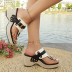 2025 plus-size fashionable summer new height-increasing thick-heeled metal buckle slippers with a one-shoulder beach flip-flops