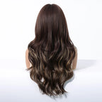 Brown Blonde Highlights Wigs Medium Length Wavy Synthetic Wig With Bangs Natural Body Wave Hair For Women Daily High Temperature