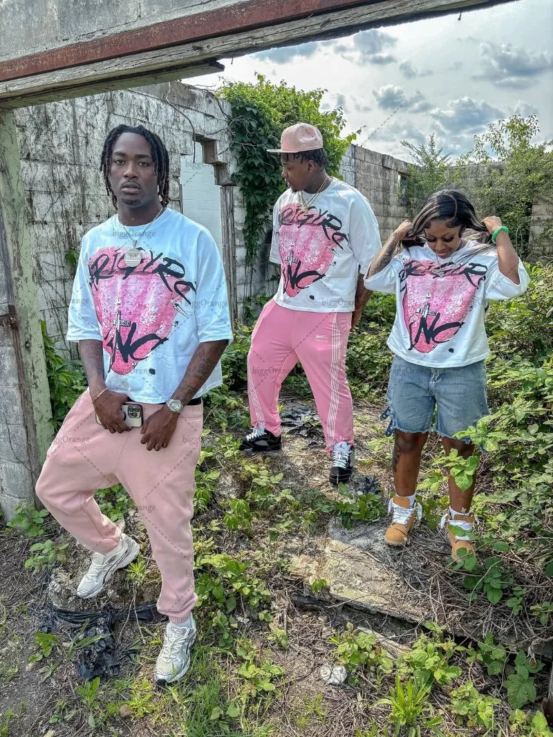 American Retro Letter Printing Oversized T-shirt Hip-hop Harajuku Punk Round Neck Graphic Top Men Trendy Casual Streetwear Women