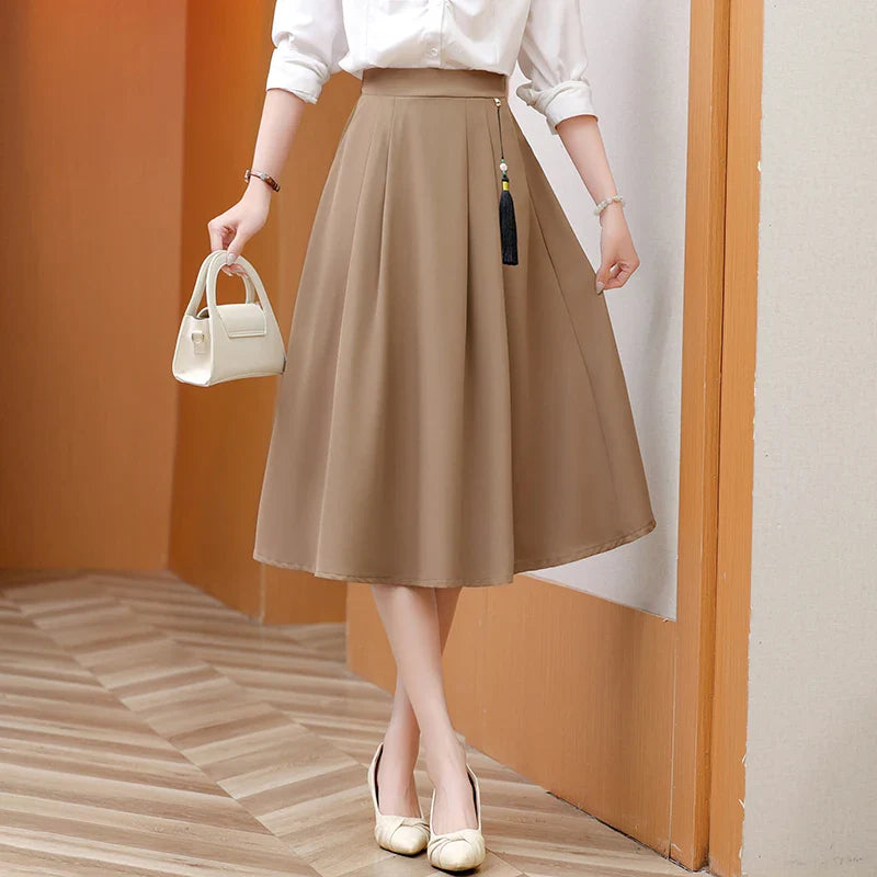 2024 New Solid Color Fringe Skirt Summer Classic Clothing Women's Loose Plus Size Skirt New Street Elegance Calf Belly Skirt