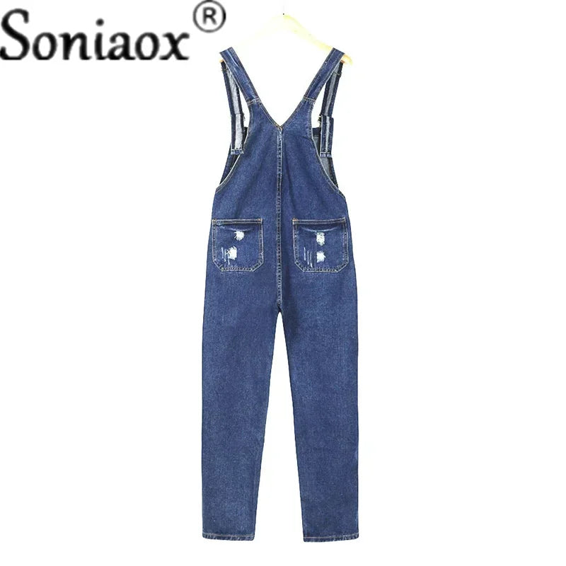 Casual Streetwear Hole Denim Jumpsuits Women 2024 Loose Suspenders Pocket Long Pants Waistline Straight Jeans Rompers