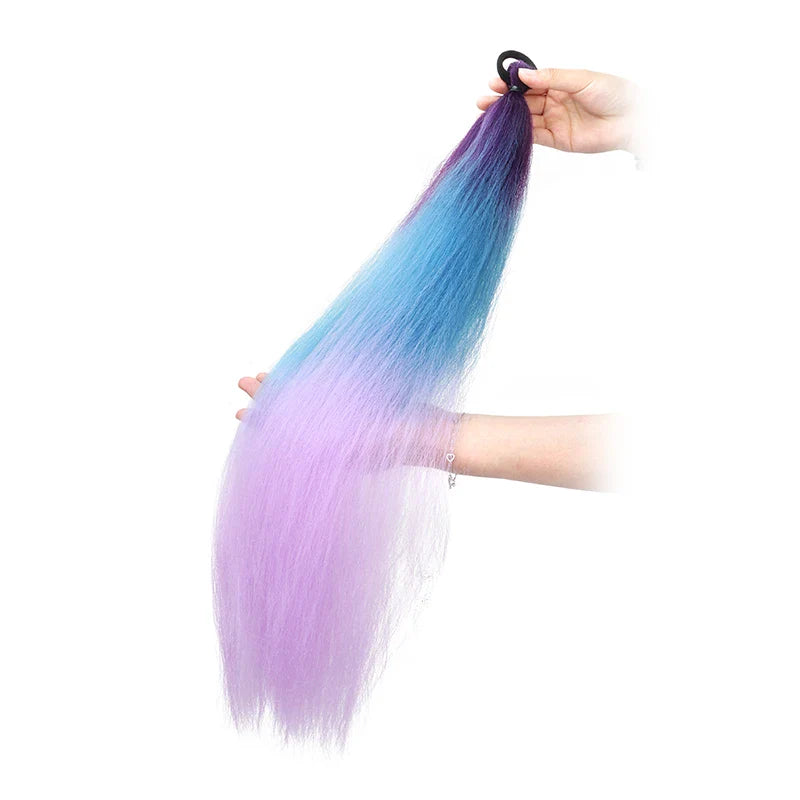 24Inch Synthetic Long Straight Ponytail With Rubber Band Elastic Hair Extension Colorful DIY Braiding Hair Accessories for Women