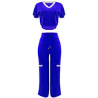 Elegant Women's Casual Short Sleeve T-shirt Sports Suit Summer Fashion Solid V Neck Short Top & Straight Pants Two Piece Sets