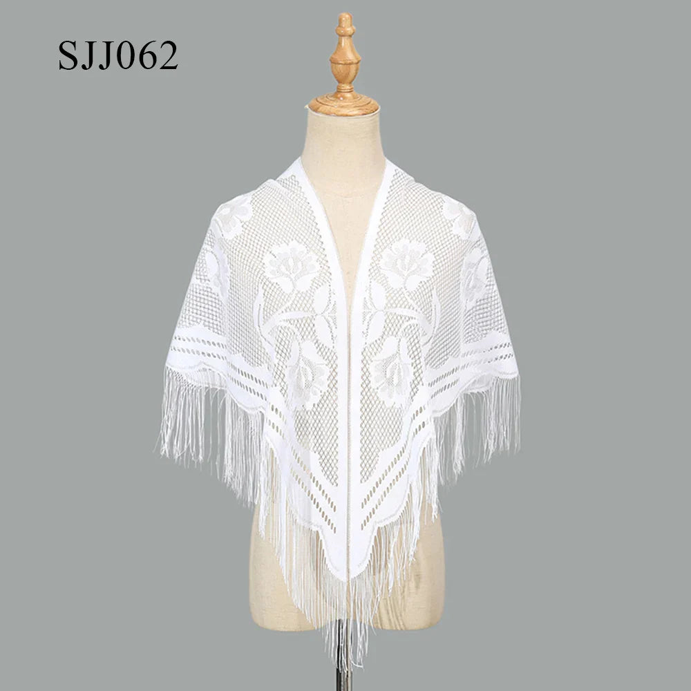 2024 White/Black Catholic Woman Spanish Style Lace Tassel Church Veil Head Covering Long Veil Floral Scarves Wedding Accessories