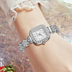 2PCS Silver Women's Watch Set Fashionable Luxury Trendy Digital Scale Rectangular Dial Quartz Watch Bracelet Set Perfect Gift