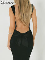 Cutenew Women's Elegant Solid Maxi Dress Sexy Halter Spaghetti Lady Long Dresses Bowknot Lace-up Girl Backless Female Party Robe