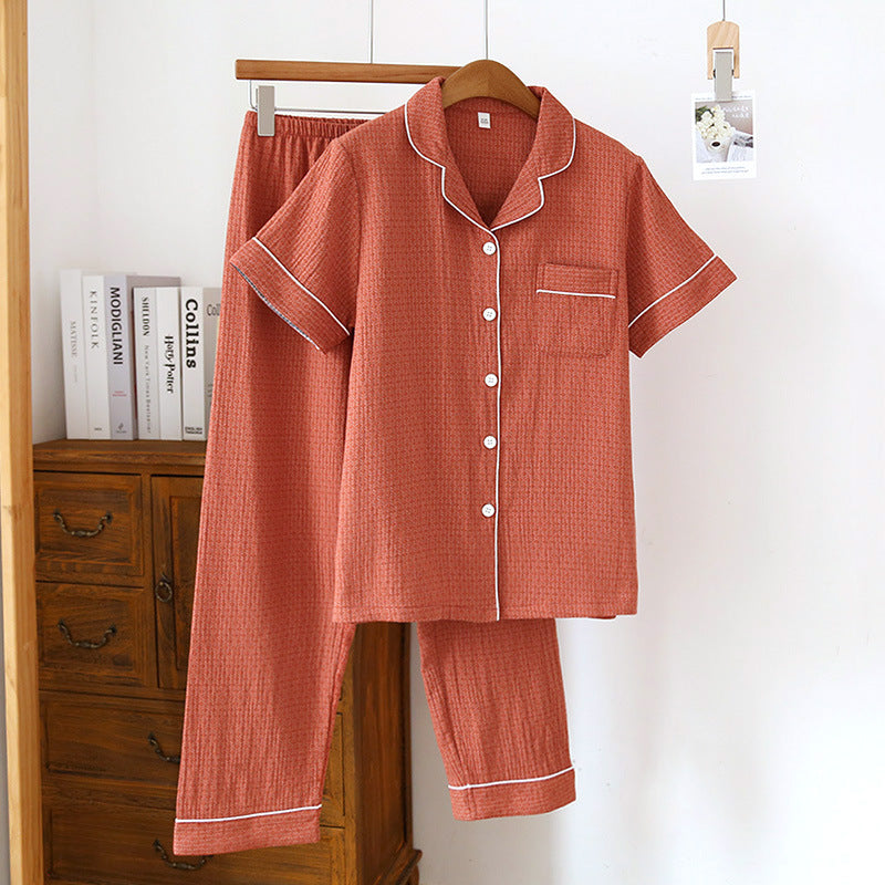 2025 New Japanese Spring/Summer Couple Pajama Set 100% Cotton Crepe Short Sleeve and Long Pants Two Piece Home Suit Thin Style