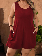 Chic Plus Size Solid Vest Romper - Round Neck Jumpsuit with Pockets, Elegant Casual Summer Outfit for Women