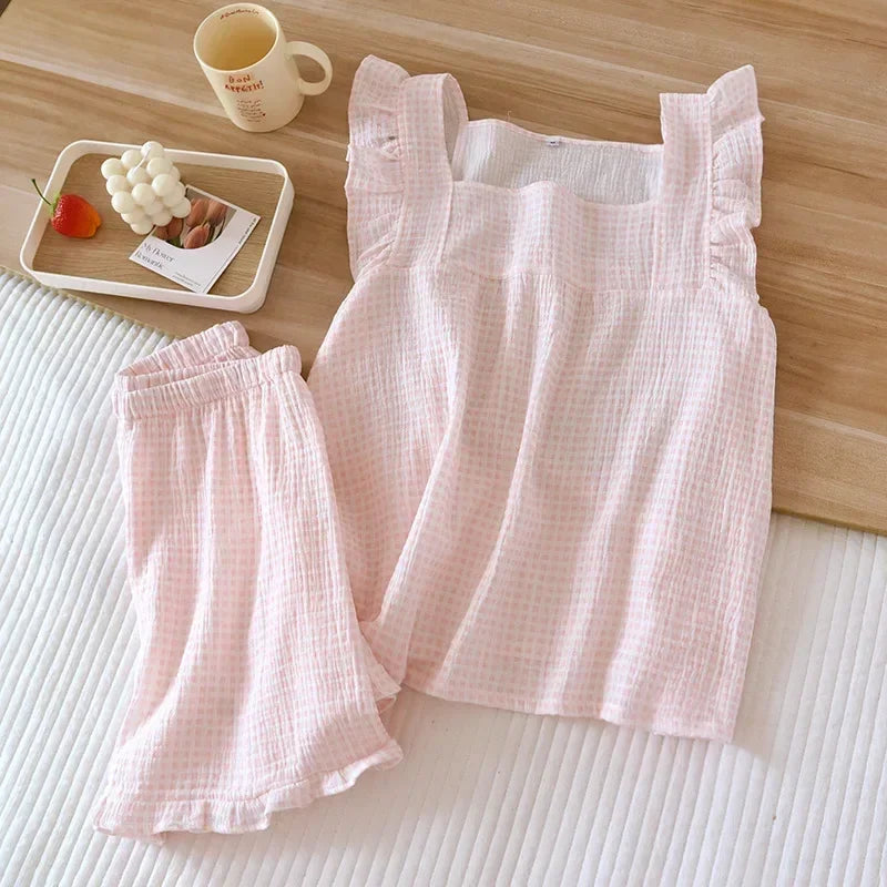 2025 Japanese summer new women's pajamas suit short-sleeved shorts two-piece 100% cotton crepe simple checked thin home clothes