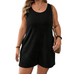 Chic Plus Size Solid Vest Romper - Round Neck Jumpsuit with Pockets, Elegant Casual Summer Outfit for Women