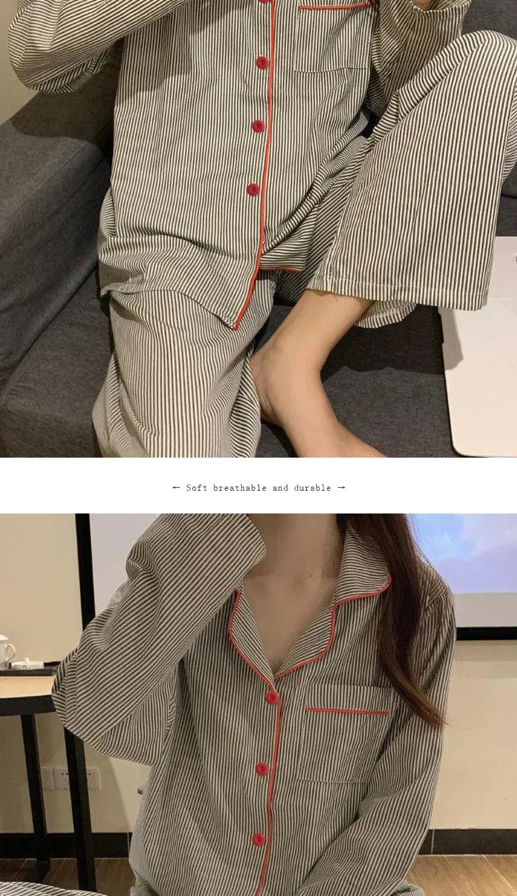 2PCS/Set Women's Long Sleeve Loose Breathable Student Sleepwear Loungewear Cardigan Gray Striped Girl Fashion Pajamas Homewear