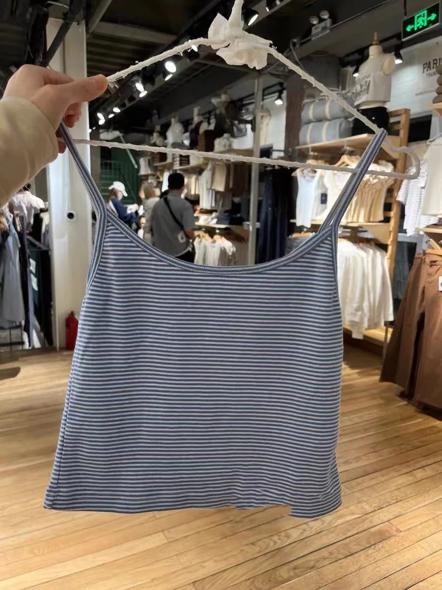 Blue Striped Tank Shorts Pajama Set Women Summer Sleeveless Crop Top+Elastic Waist Straight Short Pant Cotton Home 2 Piece Sets