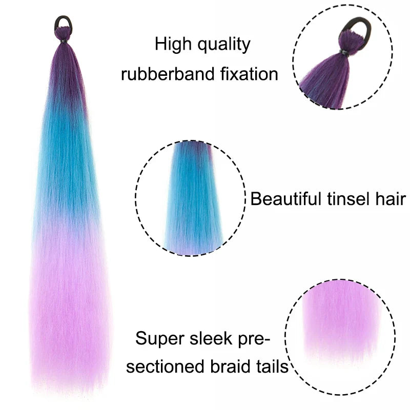 24Inch Synthetic Long Straight Ponytail With Rubber Band Elastic Hair Extension Colorful DIY Braiding Hair Accessories for Women