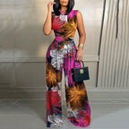 Elegant Women Wide Leg Long Juumpsuit 2024 Spring Summer Fashion Printed Sleeveless Casual Holiday Bodysuits Jumpsuits Trousers