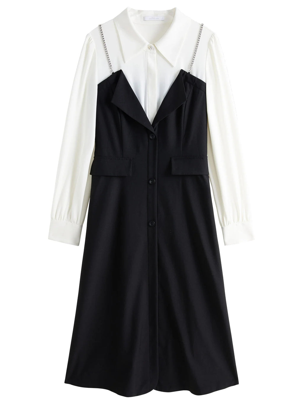 DUSHU Women Autumn Long SLeeve Dresses Office Lady Temperament Polo Neck A-LINE Long Dress Fake Two Patchwork Dress 24DS83358