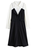 DUSHU Women Autumn Long SLeeve Dresses Office Lady Temperament Polo Neck A-LINE Long Dress Fake Two Patchwork Dress 24DS83358