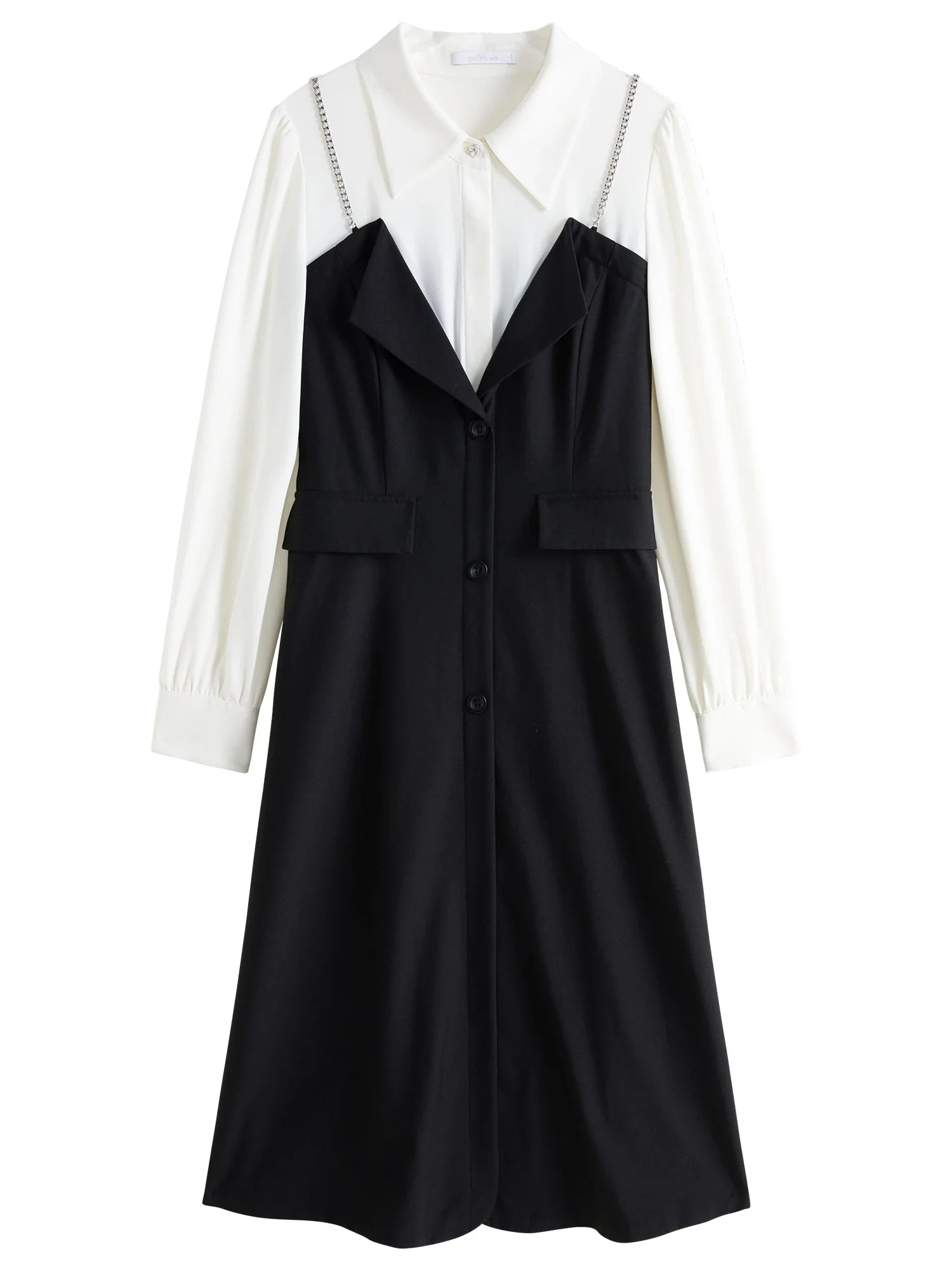 DUSHU Women Autumn Long SLeeve Dresses Office Lady Temperament Polo Neck A-LINE Long Dress Fake Two Patchwork Dress 24DS83358