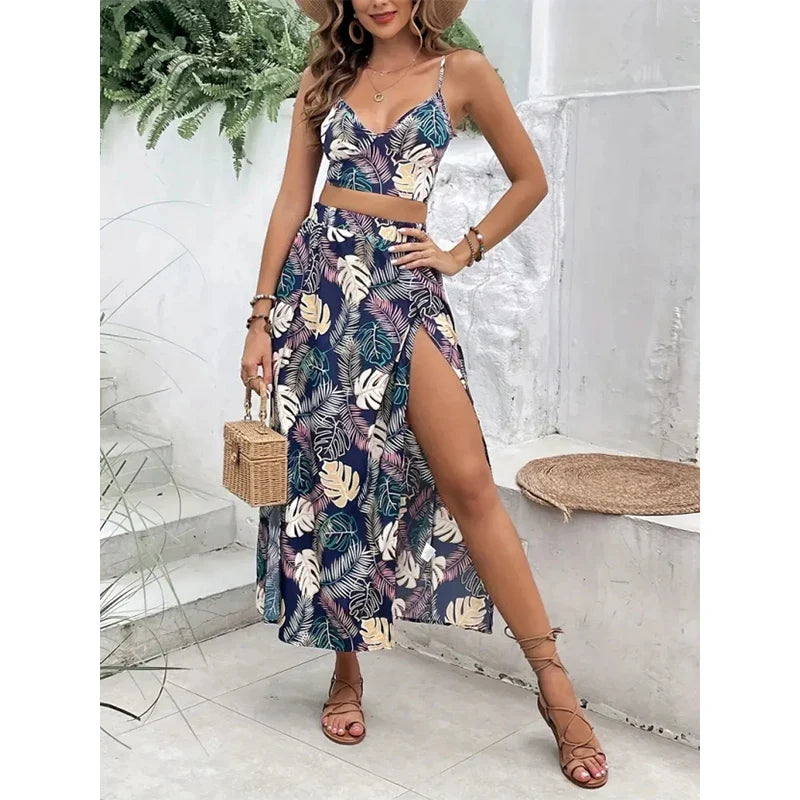Elegant Deep V-neck Dress Women Summer Sleeveless Printed Vest Skirt Set Sexy High Slit Trend Dresses