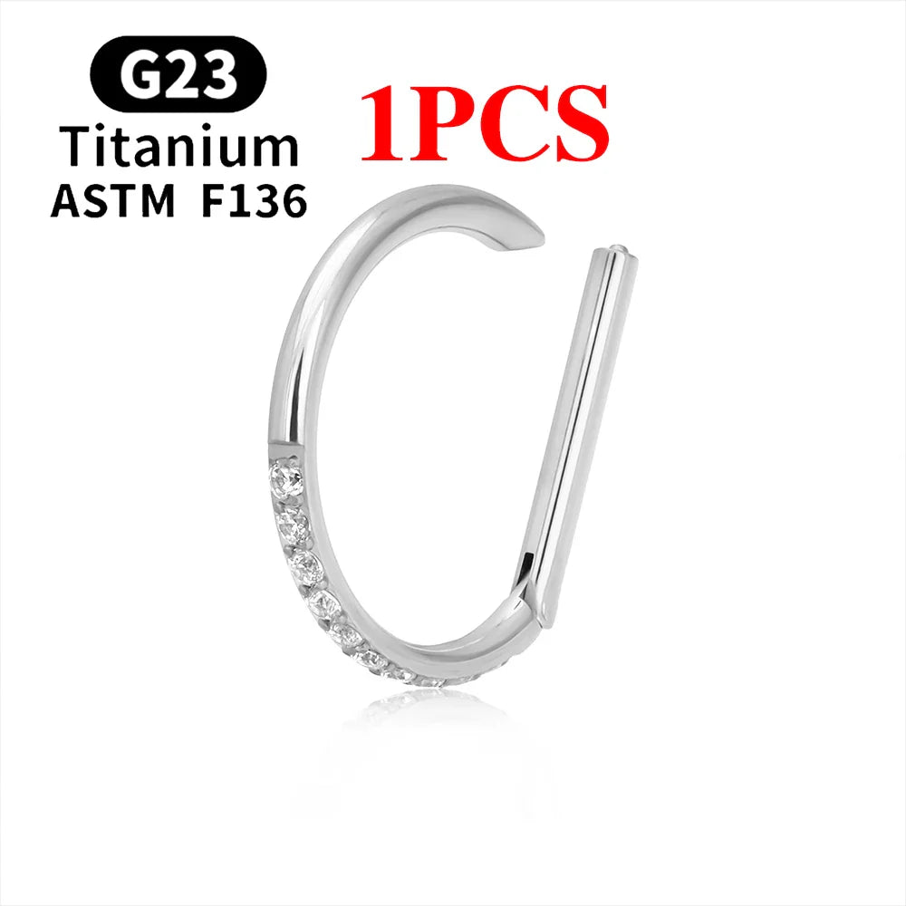 1/10PCS F136 G23 Titanium Piercing Nose Ring D Shape Hinged Segment CZ 16G Clicke Cartilage Tragus Helix Earrings Body Jewelry