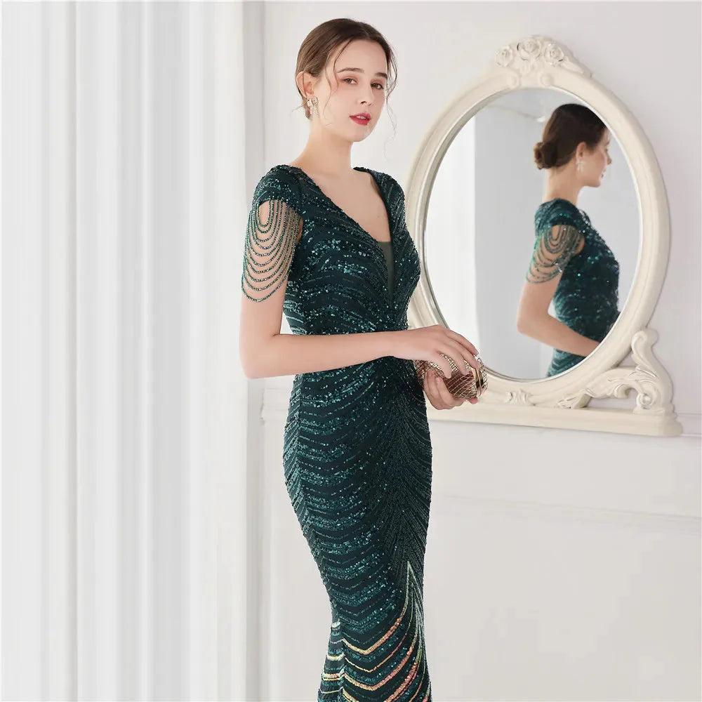 DEERVEADO Elegant V Neck Mermaid Evening Dress Long Luxury Beads Women Evening Party Dresses 2025 New Formal Dress 19085