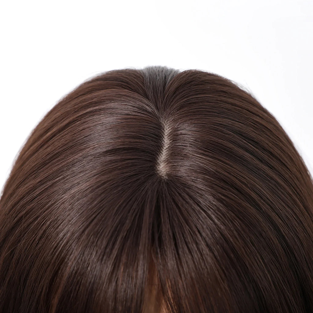 Brown Blonde Highlights Wigs Medium Length Wavy Synthetic Wig With Bangs Natural Body Wave Hair For Women Daily High Temperature