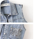 2024 Fashion Design Sequins Denim Vest Summer Autumn Women's Waistcoat Korean Leeveless Denim Jeans Jacket Female Vest Tops