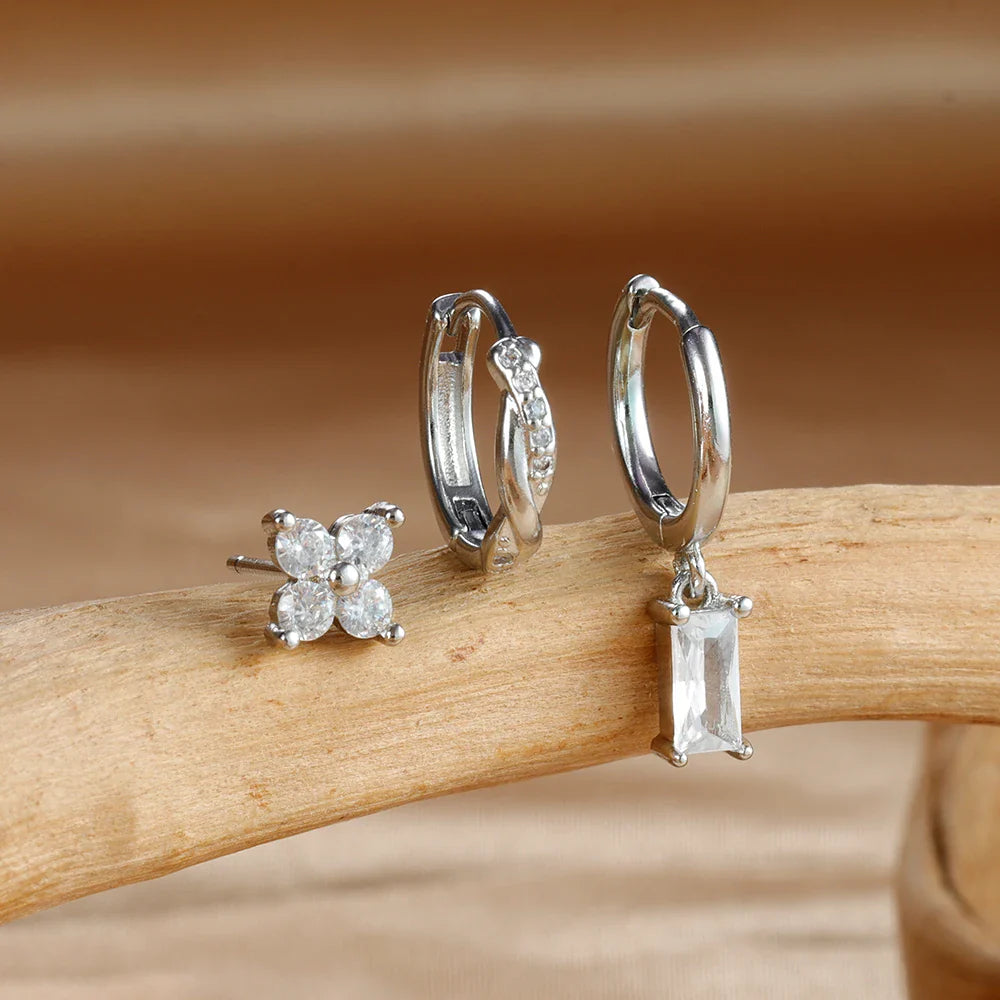 3PCS Fashion Stainless Steel Circle Hoop Earrings Set for Women 18K Gold Plated Zircon Pendant Square Earring Piercing Jewelry