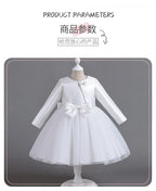 ELBCOS 4-14Y Girls Tie Crew Neck Long Sleeves Solid Color Fold Skirt Cardigan Coat Waist Bow Costumes Princess Party Dress Suit